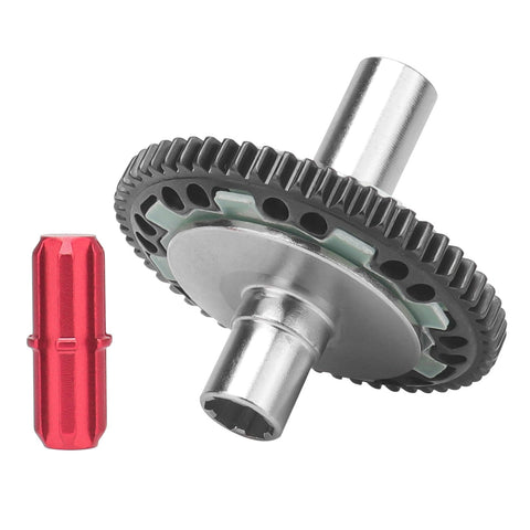 57T Slipper Clutch Spur Gear For Arrma Granite Senton One Eighth Typhon Three S Big Rock Three S One Tenth Kraton Four S Outcast Four S RC Car Upgrade Hardened Steel Beefed Up Heavy Duty Component Built To Last And Deliver Smooth Slippage with shown connector, focus on steel gear and red component.