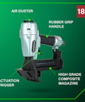 Top Notch Pro Preferred Pneumatic Flooring Nailer For Hardwood, 18 Gauge 1/4 Inch Staples, shown with air duster and rubber grip