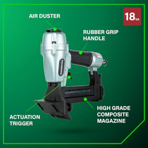 Top Notch Pro Preferred Pneumatic Flooring Nailer For Hardwood, 18 Gauge 1/4 Inch Staples, shown with air duster and rubber grip