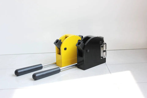 Heavy Duty Metal Shrinker Stretcher Set For 16 To 18 Gauge Fabrication, yellow and black tools side by side on a white surface.