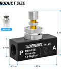 Diagram of Aluminum 1/4 Inch NPT Air Flow Control Valve With Push To Connect Fitting in black, showing dimensions and pressure range.