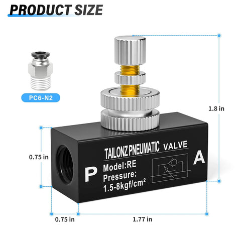 Diagram of Aluminum 1/4 Inch NPT Air Flow Control Valve With Push To Connect Fitting in black, showing dimensions and pressure range.