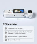 Pocket 2.5K Video Recorder With 180 Degree Rotating Lens, showing buttons and controls, dimensions listed below in white.