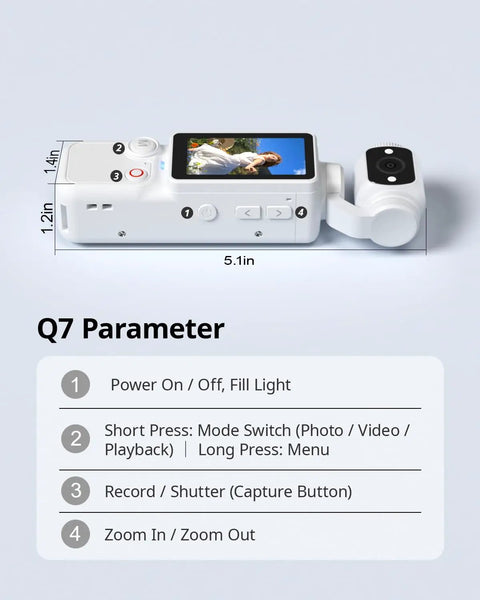 Pocket 2.5K Video Recorder With 180 Degree Rotating Lens, showing buttons and controls, dimensions listed below in white.