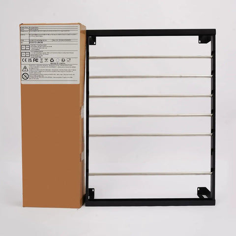Six Rod Wall Mounted Wire Spool Rack With Adjustable Spacing Built Badass Tough For Garage Or Shop No Sweat Cable Management System side view with packaging
