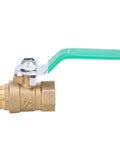 Top Shelf One Half Inch Premium Brass Ball Valve For Hot And Cold Water Piping Systems Built Damn Tough with green lever handle.