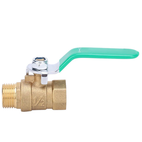Top Shelf One Half Inch Premium Brass Ball Valve For Hot And Cold Water Piping Systems Built Damn Tough with green lever handle.