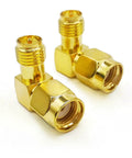 Two Pack 90 Degree RP-SMA Female To RP-SMA Male Right Angle Coax Cable Adapter in brass, showing side view