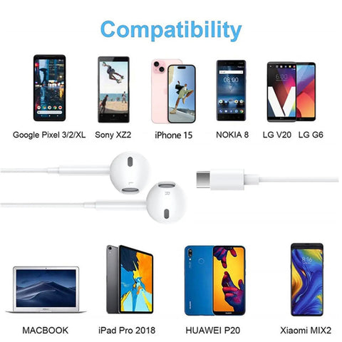 Two Pack USB C Earbuds With Mic And Remote For iPhone 15 16 17, compatibility with various phones and laptops shown.