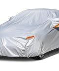 All Weather Waterproof Sedan Car Cover With Zipper Outdoor Full Exterior Shield For Sun Rain Snow UV Protection Fits Like a Glove Verified By Vehicle Size Chart Size A4 See Size Chart covering silver sedan.