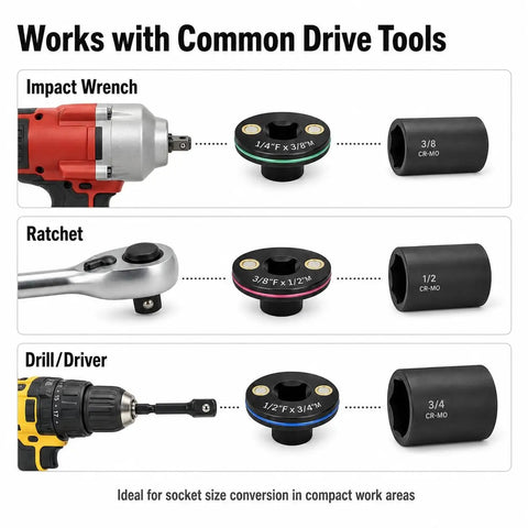 Mewach Low Profile Impact Socket Adapter Set That Is Super Rad For Tough Jobs With Magnetic Grip And Cr-V Build, Perfect 4-Piece Kit For Tight Engine Bays And Wheel Wells To Get The Job Done Fast Without Breaking A Sweat. low profile Cr-Mo socket adapters for impact wrench, ratchet, and drill