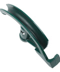 Close-up of a heavy duty hand bender for copper pipe and conduit tube with ergonomic grip, green steel construction.