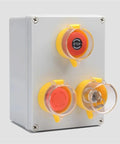 Must Have Five Pack Emergency Stop Button Protective Covers For 22mm Mushroom Head Switches Yellow Prevent Misoperation And Quick Halting Of Machinery In Industrial Environments, shown on white panel.