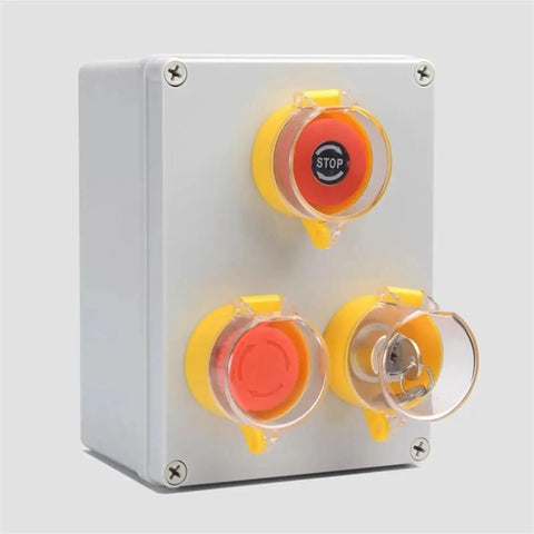 Must Have Five Pack Emergency Stop Button Protective Covers For 22mm Mushroom Head Switches Yellow Prevent Misoperation And Quick Halting Of Machinery In Industrial Environments, shown on white panel.