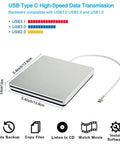 USB-C External DVD CD Drive Reader And Burner For MacBook Air Pro iMac Mini And Windows Laptops Plug And Play No Driver Install No Software Install Anti Shock Low Power Ultra Portable Silver, 5.4in