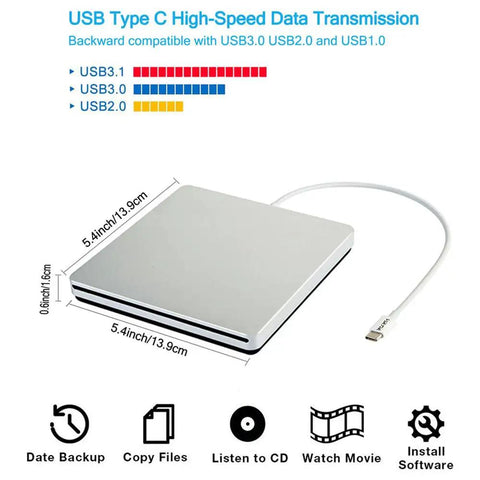 USB-C External DVD CD Drive Reader And Burner For MacBook Air Pro iMac Mini And Windows Laptops Plug And Play No Driver Install No Software Install Anti Shock Low Power Ultra Portable Silver, 5.4in