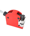 Close-up of red hand operated shrinker and stretcher metal shaping tool for auto body motorcycle and aviation sheet metal repair.