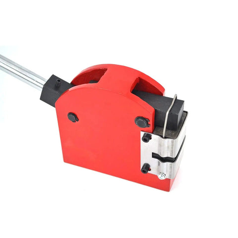 Close-up of red hand operated shrinker and stretcher metal shaping tool for auto body motorcycle and aviation sheet metal repair.