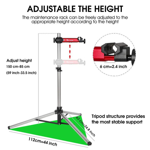 Bike Repair Stand With 360 Degree Swivel Clamp Adjustable Foldable Work Stand Lightweight Aluminum Floor Station 85 Lbs Max Capacity Tripod Base Quick Release Perfect For DIY Home Mechanics, showing adjustable height and tripod base.