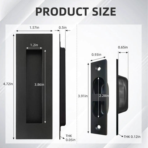 Heavy Duty Pocket Door Handles With Slick Edge Pull Upgrade Your Homestead Setup With Zero Sweat Install Using 304 Stainless Steel Build For Sleek Black Finish And Reliable Operations, showing product dimensions.