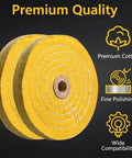 Heavy Duty Six Inch Cotton Buffing Wheels For Bench Grinders Two Pack on black background, showing premium cotton material and smooth finish.