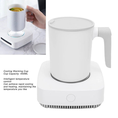 Ultimate Desktop Mug Warmer And Cooler Plate Two In One Smart Heating And Cooling Base For Coffee Milk Tea with insulated cup on base.