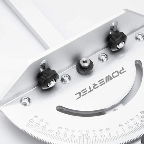 Close-up of Deluxe Table Saw Miter Gauge With 120 Angle Stops for precision cuts, showing durable aluminum construction.