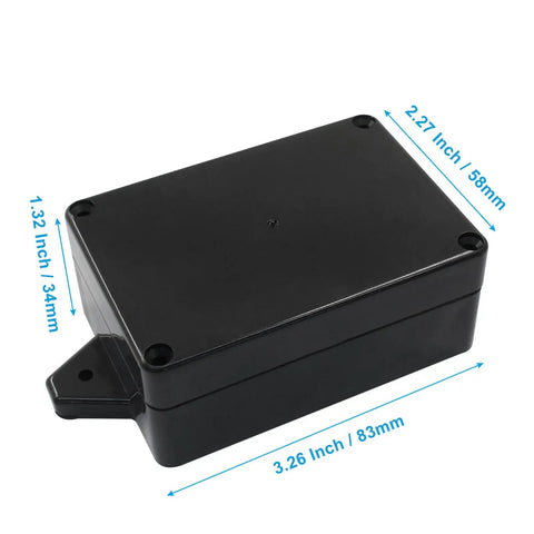 4 Pack IP65 Waterproof Junction Boxes Outdoor Project Case Made From Durable ABS Plastic With Fixed Ears, 3.3 x 2.3 x 1.3 Inch Electrical Utility Box For Weatherproof Outdoor Power Junctions, Black, showing top view with dimensions labeled