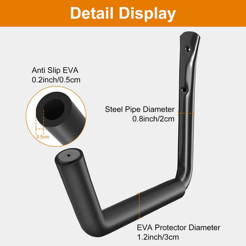 Detail display of Heavy Duty Kayak Wall Mount 15 Inch hooks showing anti-slip EVA padding, steel dimensions, and construction details.