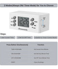 Close-up of a digital timer displaying 2:28 with controls for a Two Pack 24 Hour Outlet Timer For Indoor Lamps Fans And Aquariums 125V 15A 1000W Digital Light Timer With One Polarized Outlet Daily Repeat Program UL Listed Easy Setup White, showing modes and buttons instructions.