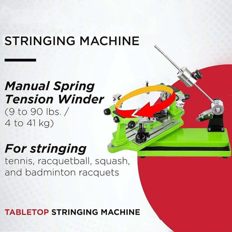 Pro Grade Tennis Stringing Machine With Six Point Mounting System And 360 Degree Rotation shown with manual spring winder