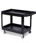 Heavy Duty Rolling Utility Cart Two Tier Service Cart With Wheels Ergonomic Handle 550 Lbs Capacity Plastic Tool Cart For Warehouse Garage Workshop And Kitchen Durable HDPE Trolley 40.5x17.7 Inches black two-tier cart on casters