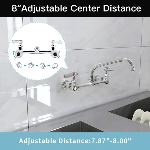 Wall Mount Kitchen Faucet With 8 Inch Center Swivel Spout Dual Handle Heavy Duty Pro Grade Chrome Mixer Tap installed over sink
