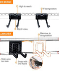 Comparison of tool rack hooks: Wallmaster system highlighting adjustable, snap-in hangers; other brand lacks flexibility.