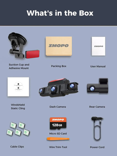 360 Degree Quad Channel Dash Cam System With Front, Rear, Left And Right Inside Cameras, GPS, 5G WiFi components in box.