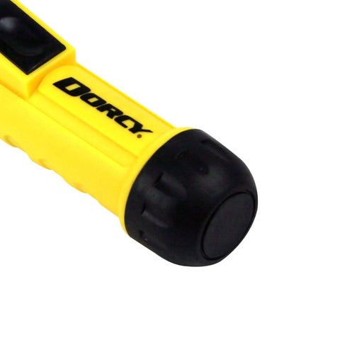 Close-up of yellow Heavy Duty Worklight Flashlight With Batteries Included For Home, Garage, And Jobsite Use 20 Lumens Weather Resistant Durable Construction 123 Hour Run Time Long Lasting Light For Tough Conditions handle