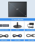 17 Inch Security Camera Monitor For CCTV And NVR Systems With 1280 By 1024 Resolution 5 4 Aspect 75Hz Refresh USB HDMI VGA BNC Inputs Built In Speaker And Remote shown with accessories including cables, stand, and remote control.