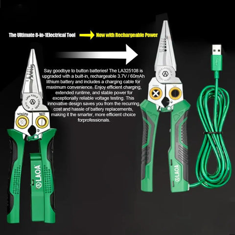 8 In 1 USB-C Rechargeable Electrician Pliers With Non Contact Voltage Tester, Wire Stripper And Cutter, Crimper shown with cable