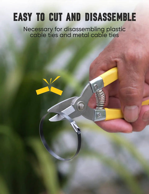 Hand using cutter tool on Heavy Duty Stainless Steel Zip Ties Kit With Quick Cutter Tool 150 Pcs 11.8 Inch Multi Purpose.