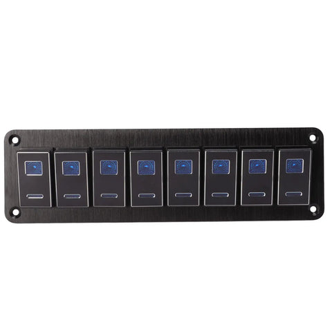 Eight Gang Aluminum Toggle Switch Panel For DC 12V To 24V Systems Waterproof Oxidized Black Finish 20A 5 Pin Blue LED Light