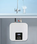 1500W Instant Hot Water Heater Under Sink Kitchen Faucet Compact Electric Wall Mount shows control panel and installation under kitchen sink.
