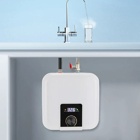1500W Instant Hot Water Heater Under Sink Kitchen Faucet Compact Electric Wall Mount shows control panel and installation under kitchen sink.