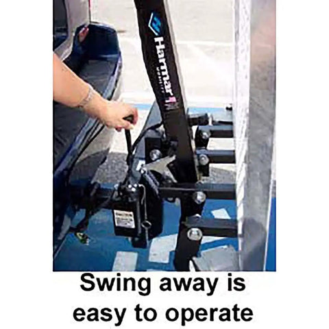 Swing Away Bracket For Outside Carriers And Lifts Class 3 Hitch Mounted Easy Breezy Pivot For Full Trunk Access 40 Lb Weight Automatic Hold Down Arm Works With Most Outdoor Carriers And Lifts. swing-away hitch bracket in use on a vehicle carrier