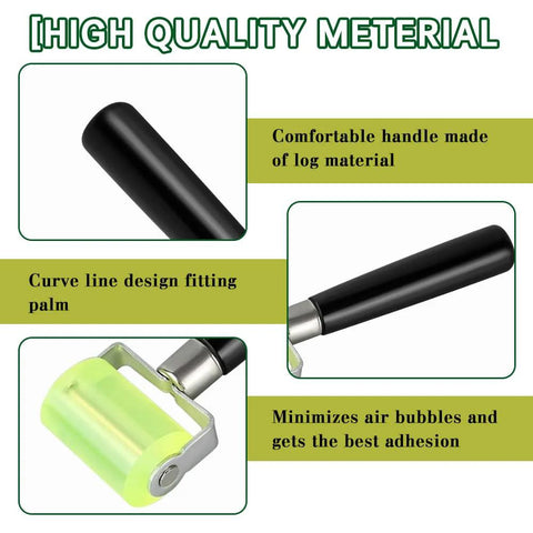 Automotive sound-deadening roller with black handle and lime-green roller for PU mat application