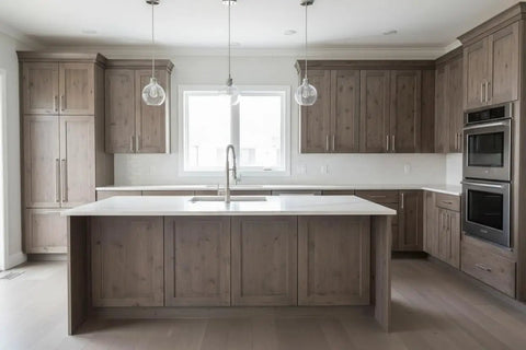 Pro Grade Reactive Water Based VOC Free Wood Stain For Pine Delivers A Sweet Rustic Weathered Gray Brown Look With Zero Sweat Application covering kitchen cabinets and island.