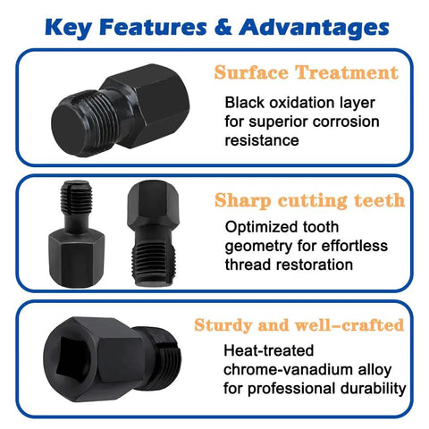 Key features of Oxygen Sensor Thread Chasers Kit, Pro Grade Two-Piece Set With M18x1.5mm And M12x1.25mm Threads, durable chrome moly steel.