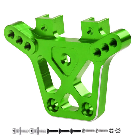 Aluminum Front And Rear Shock Towers For 1 By 18 Traxxas LaTrax Teton Desert Prerunner SST Beefed Up Upgrade Parts 6061 T6 Anodized Green Replaces Stock 7637 Includes Hardware; close-up view of anodized green 6061-T6 aluminum shock tower with screws.