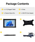 Package contents for Built Like A Tank Rugged Tablet With Integrated Barcode Scanner: tablet, strap, stylus pen, adapter.