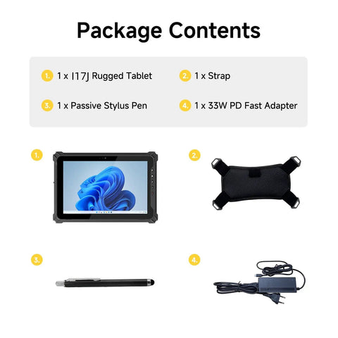Package contents for Built Like A Tank Rugged Tablet With Integrated Barcode Scanner: tablet, strap, stylus pen, adapter.