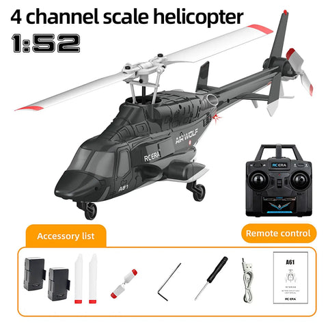 Airwolf A61 4CH RC Helicopter For Adults And Newbies, 1 To 42 Scale, with controller and accessories, black and white design.